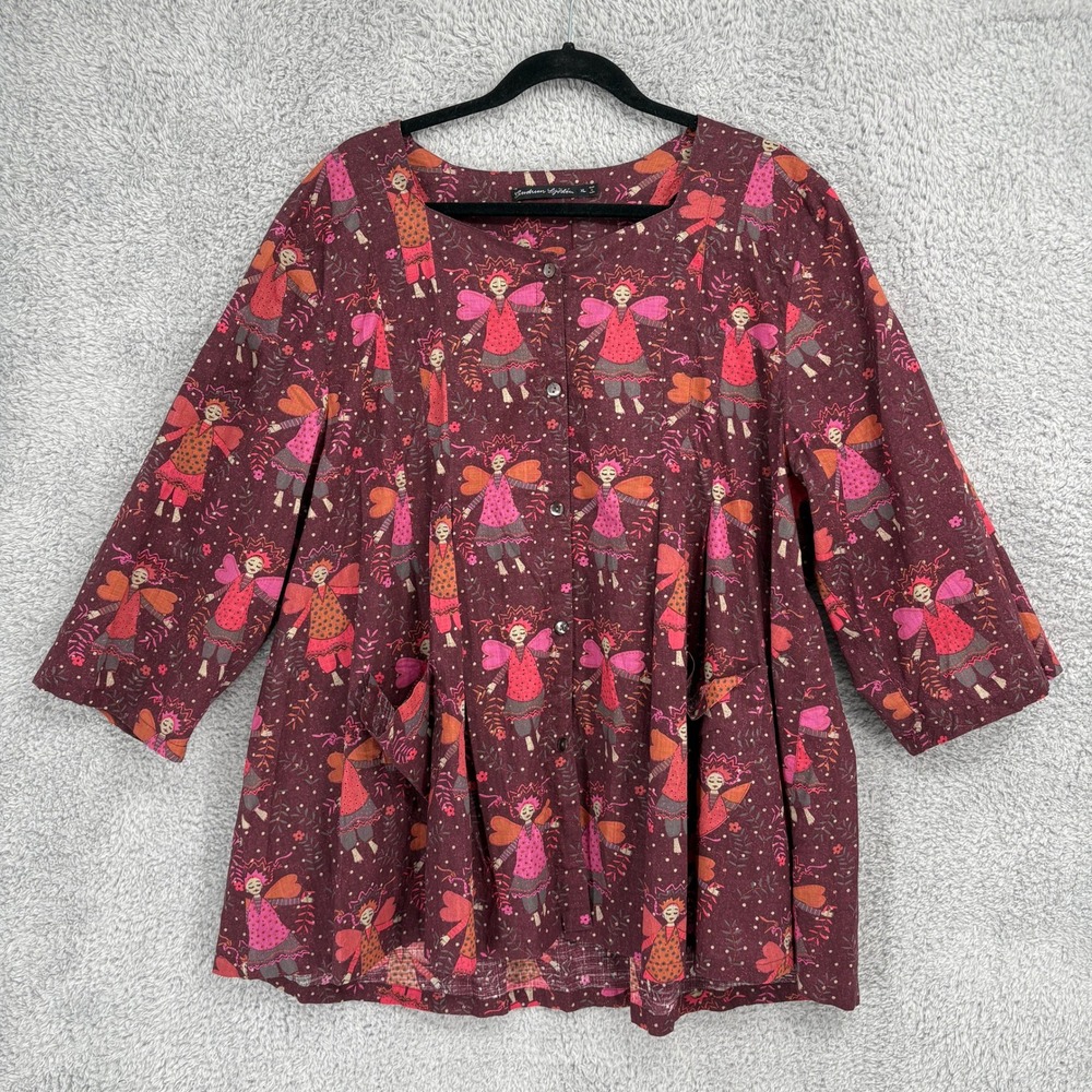 Gudrun Sjoden Folk Art Angel Print Swing Button Up Tunic Size XL Maroon Pockets